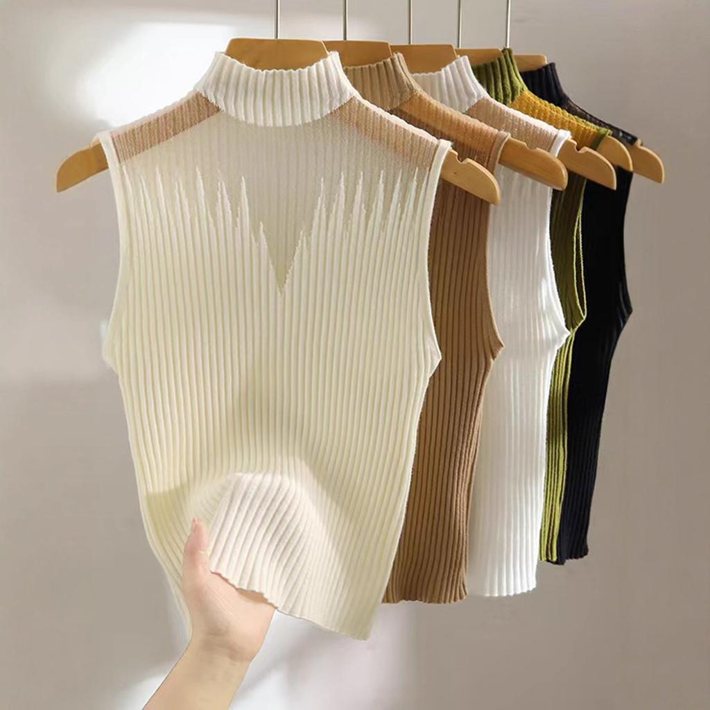 Síťovaný pletený top dámský Y2K tílko poloviční rolák vesta dámský svetr bez rukávů šik výřez streetwear jednobarevný přiléhavý trubkový top