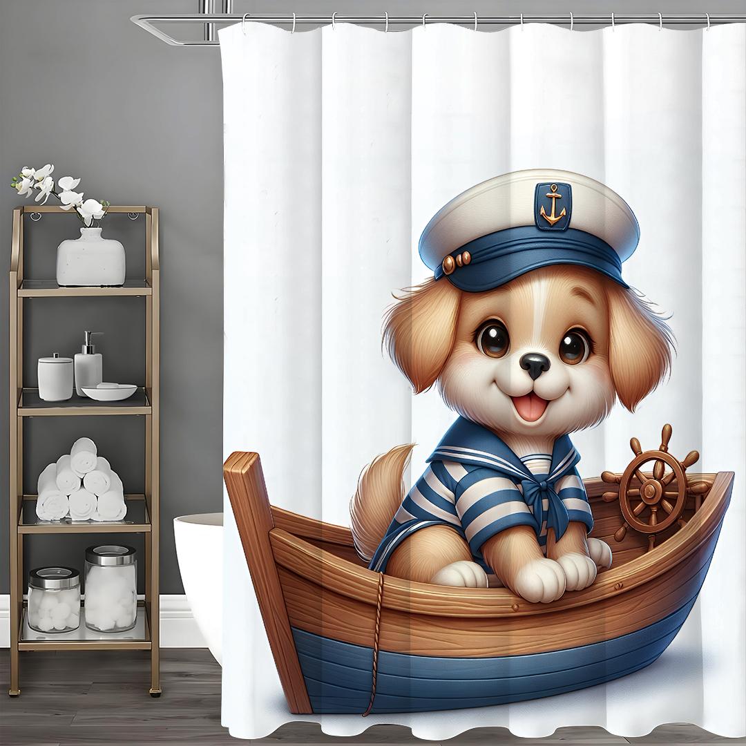 

Милая собака, сидящая на лодке, занавеска для душа, декоративная занавеска для душа для ванной комнаты, водонепроницаемая занавеска для душа с крючками 90*180cm