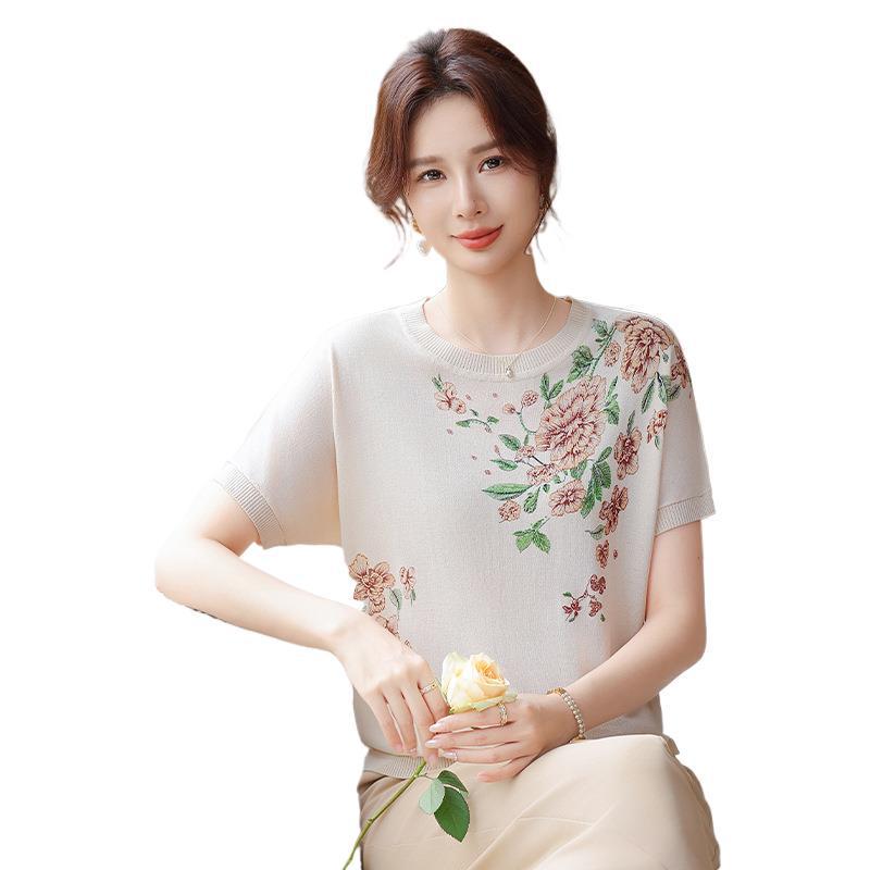 Mulberry Silk Knit Round Neck Short Sleeve T-shirt for Middle-Aged Women - 2026 Summer Collection