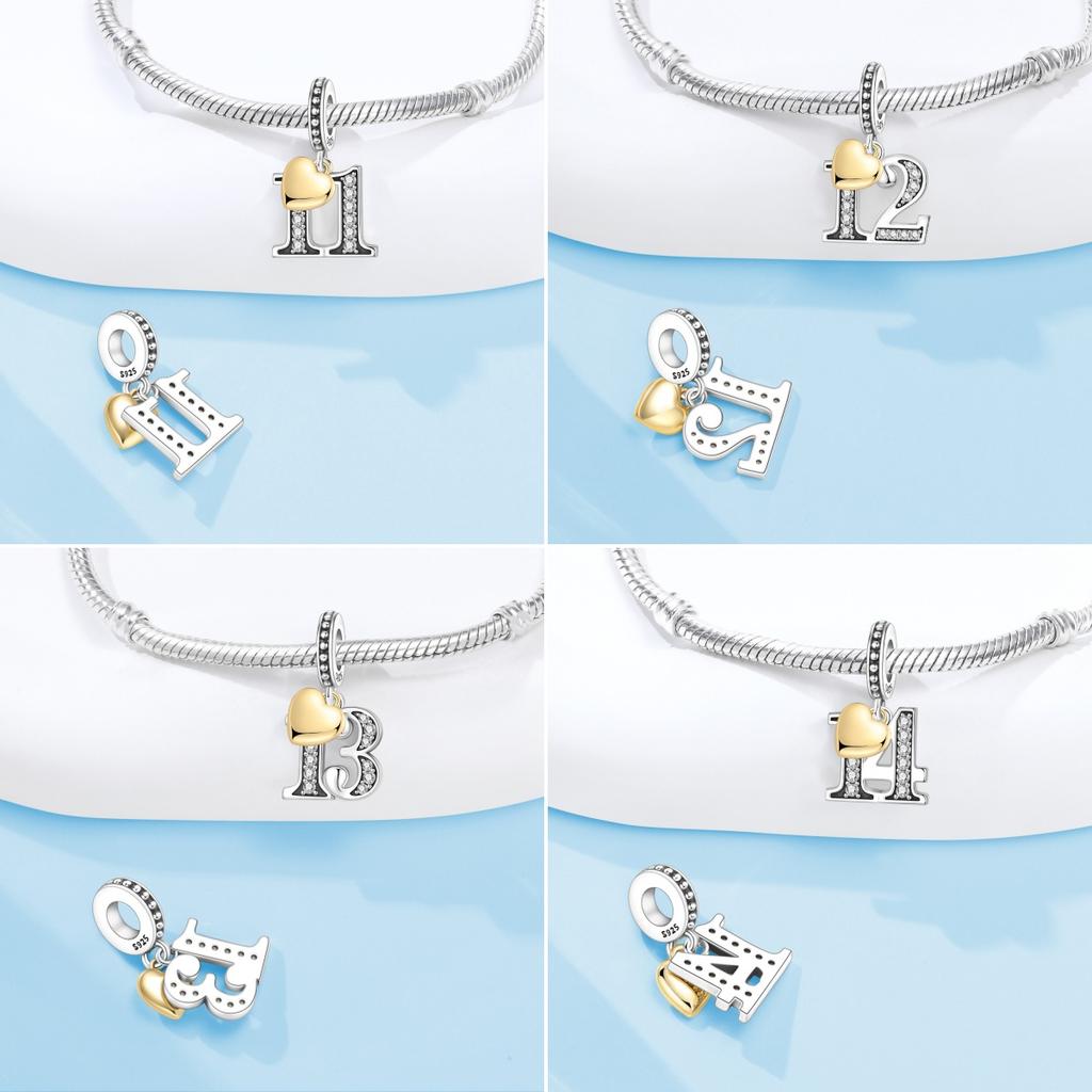Orstarry S925 Silver Lucky Number 10,15,18,20 Heart Charm Anniversary Celebration Pendant DIY Jewelry Making
