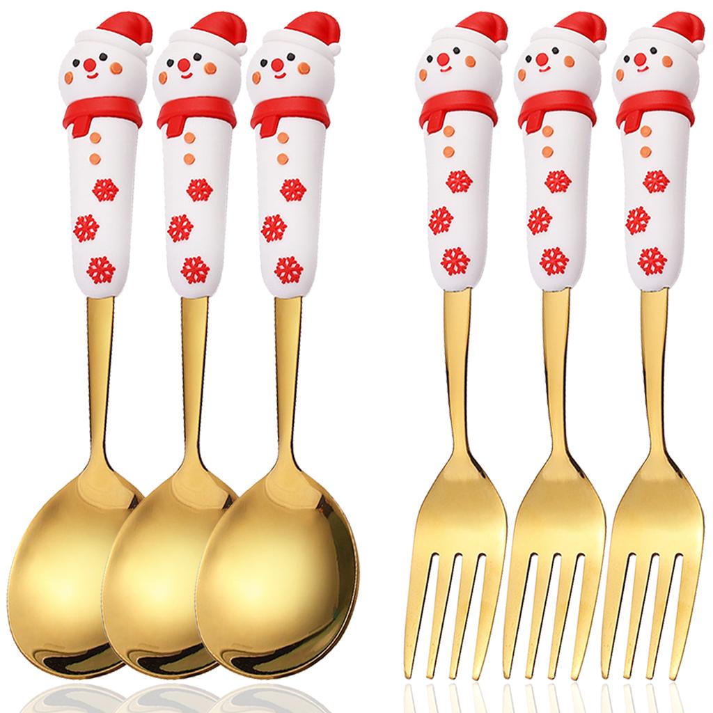 6pcs Stainless Steel Christmas Dinnerware Set Cake Fork Coffee Spoon Party Tableware Christmas Tree Moose Snowman Fork Spoon Set