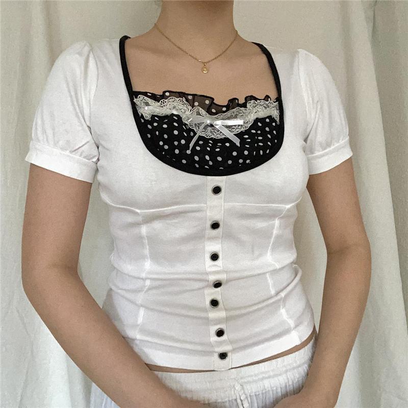 

Женские топы, винтажные футболки с пуговицами в стиле феи в стиле гранж, кружевные лоскутные футболки с воротником и пуговицами, одежда Kawaii y2k, футболки в стиле Харадзюку