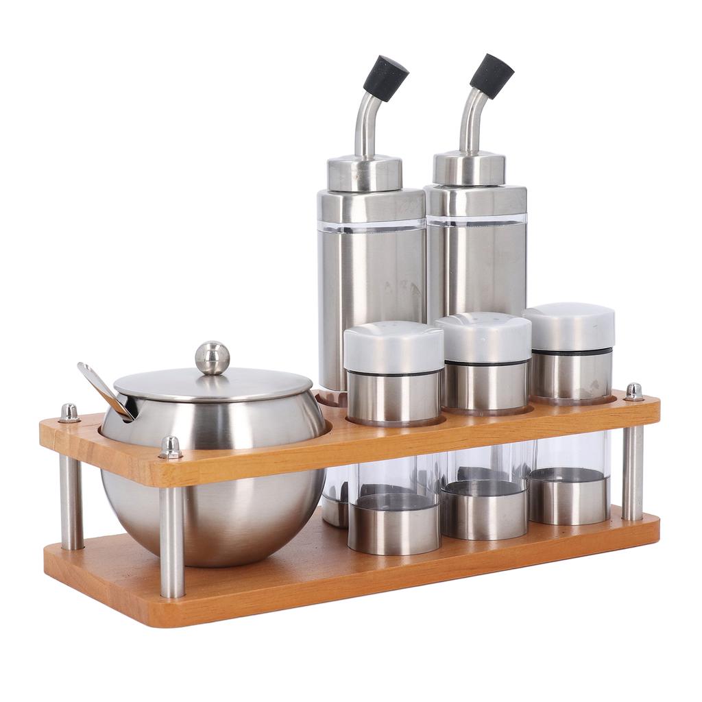 Sada dávkovačů kuchyňských koření s dřevěnou základnou, multifunkční sada lahví na olejový ocet a sůl