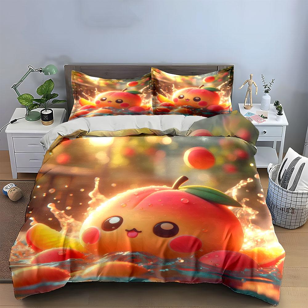 Cartoon Peach Decor Set Soft Comfortable Duvet Cover Bedding Set Included 1*Duvet Cover & 2*Pillowcases, Gift