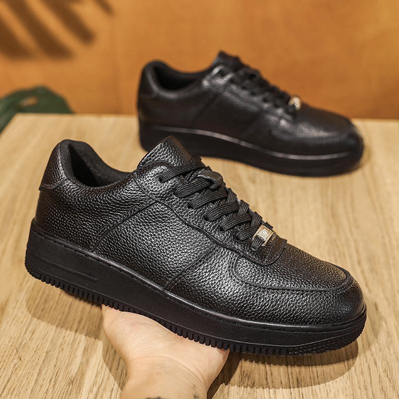 Men's Handcrafted Leather Casual Sneakers, Comfortable Breathable Lace - Up Shoes with Thickened Heel Design for Trendy Outfits