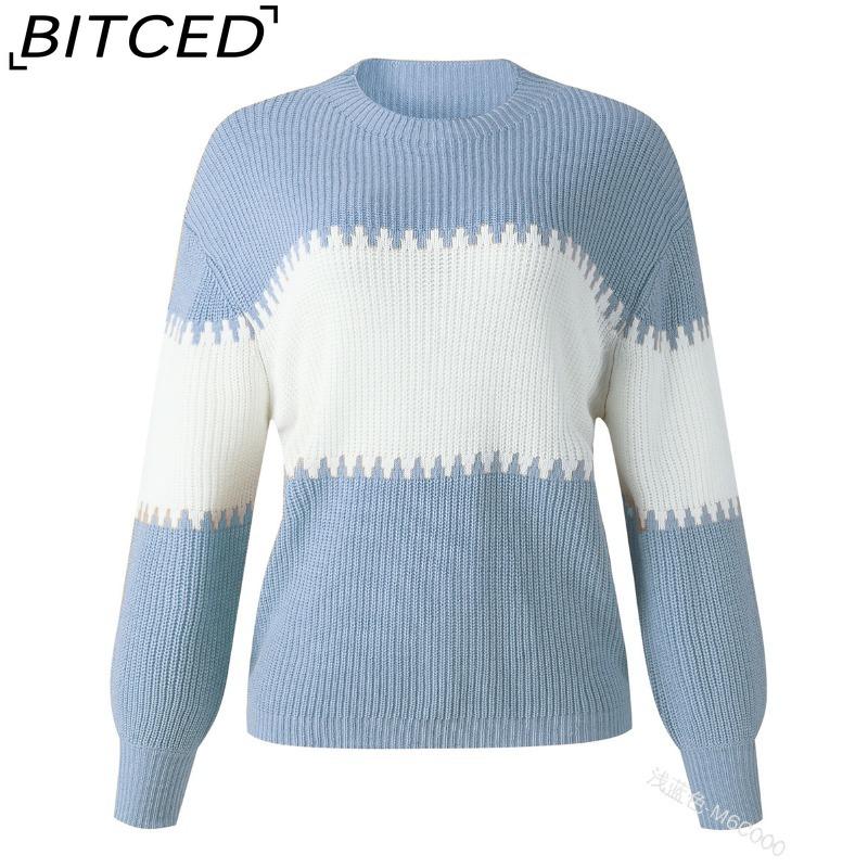 BITCED Color-Block Striped Sweater with Lantern Sleeves Women's O-Neck Top in European Style