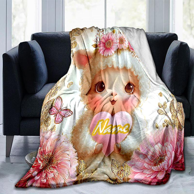 1PC Custom Name Lamb Pink Flowers Flannel blankets Patterns Throw Blanket All-Season Soft Gift for Couch, Bed, Camping gifts