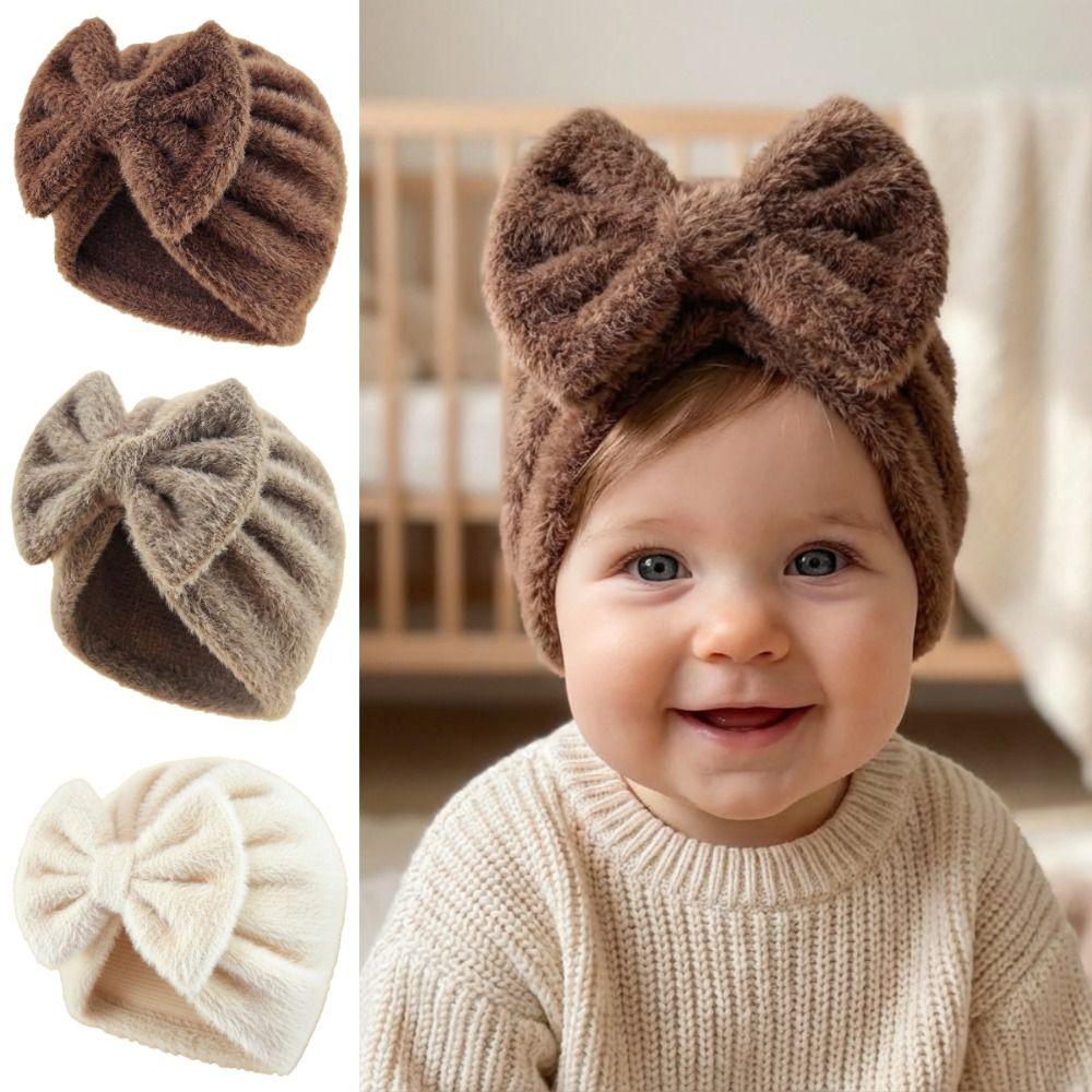 Teddy Fleece Baby Headscarf Hat Warm Newborn Autumn Winter Cap Fashion Bow Knitted Hat  Girls Boys