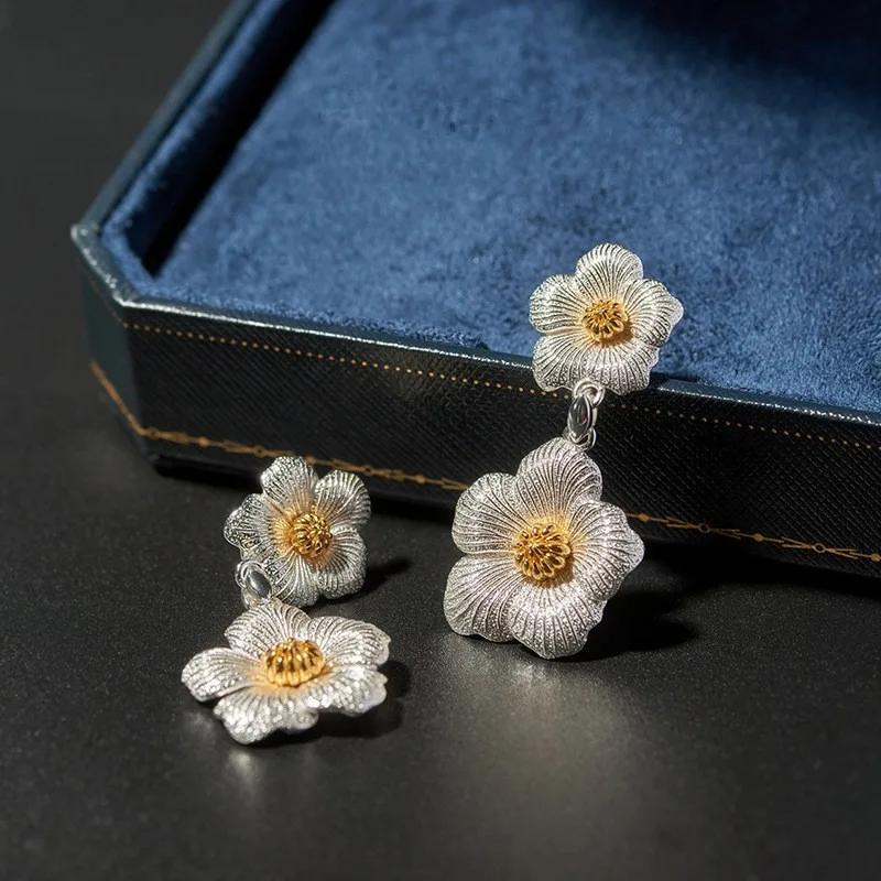 Retro Oil Painting Style Shining Flowers Earings Wire Drawing Gardenias Drop Earrings for Women Exquisite Wedding Zircon