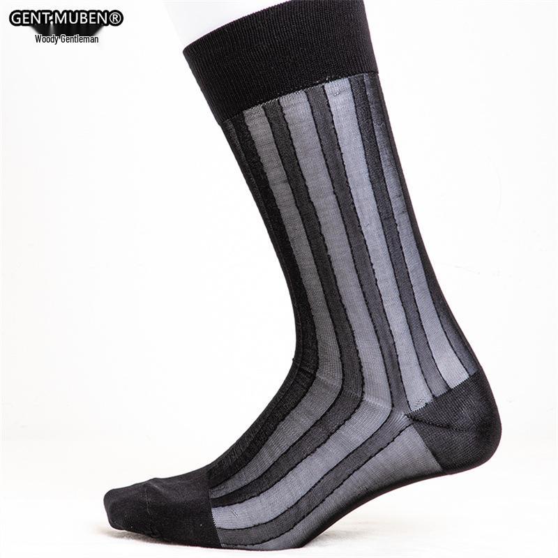 Men's Mid-Calf Wide Stripe Silk Nylon Suit Stockings for Business Formal Wear