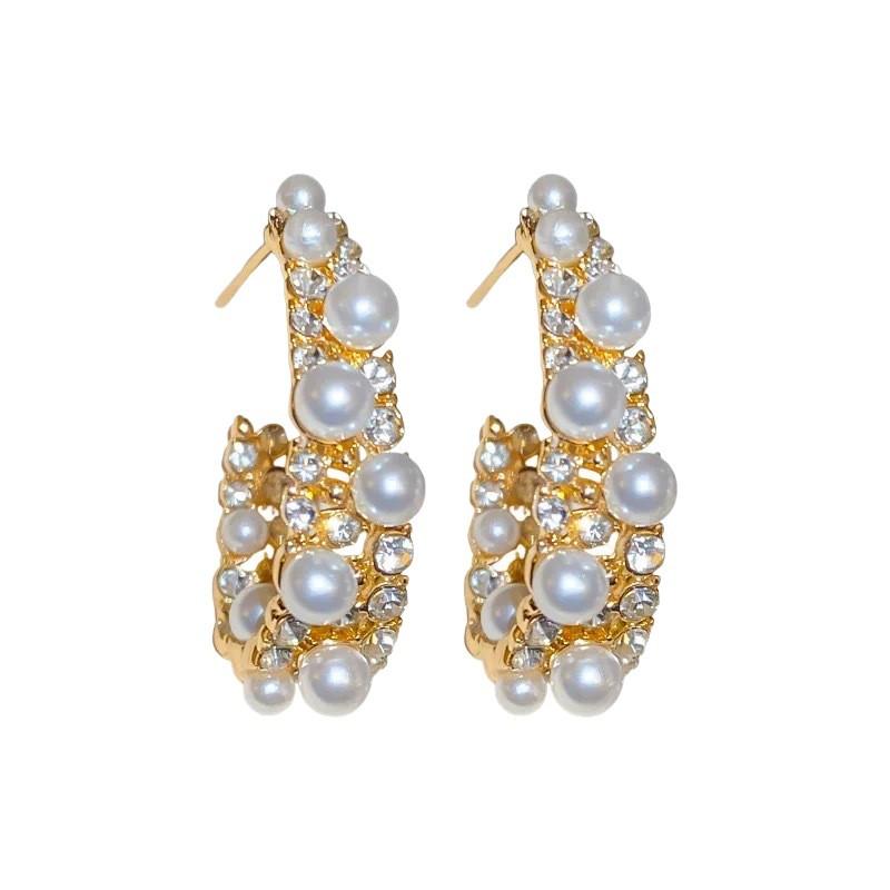 French retro style diamond-set pearl C-shaped stud earrings light luxury high-end temperament earrings new earrings women