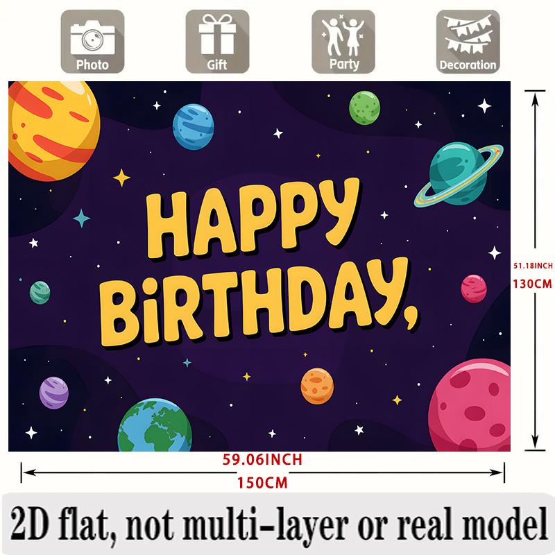 Space Theme Birthday Banner, Colorful Planets Stars Backdrop Wall Decor for Kids