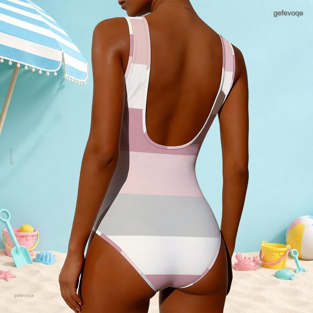 Women Plus Size High Round Neck Sleeveless Striped Printed One Piece Swimsuit Pink White Grey
