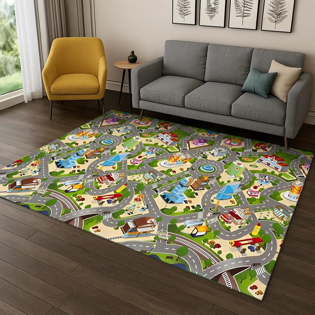 Highway Simulated City Traffic Carpet Rug for Bedroom Living Room Sofa Doormat Decor,Child Playma Game Room Non-slip Floor Mat
