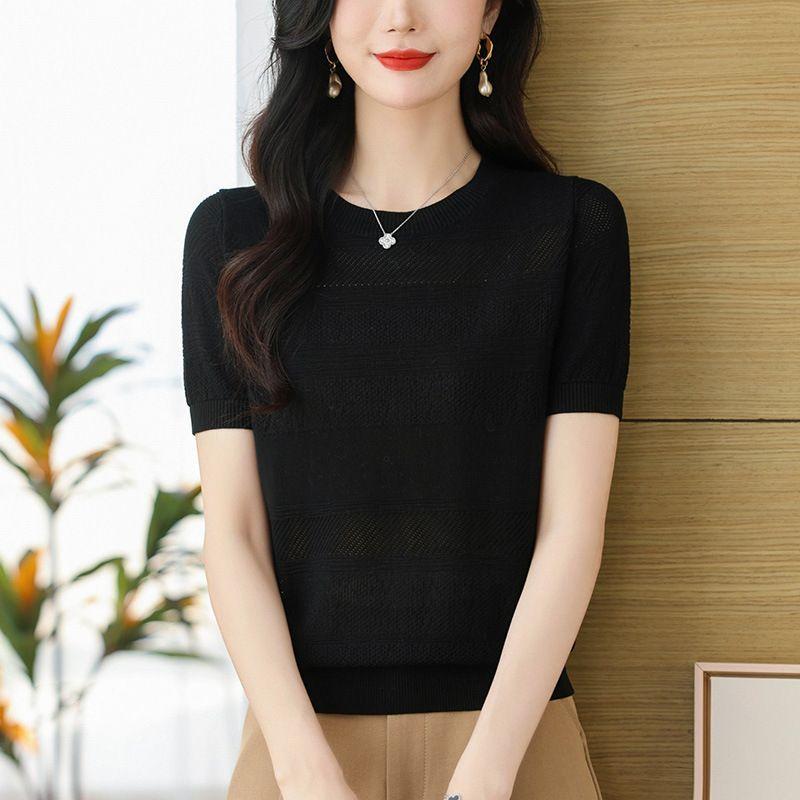 

Ice Silk Short Sleeved T-shirt for Women Summer Style Mom Summer Thin Loose Top Knitted T-shirt 3XL чорний