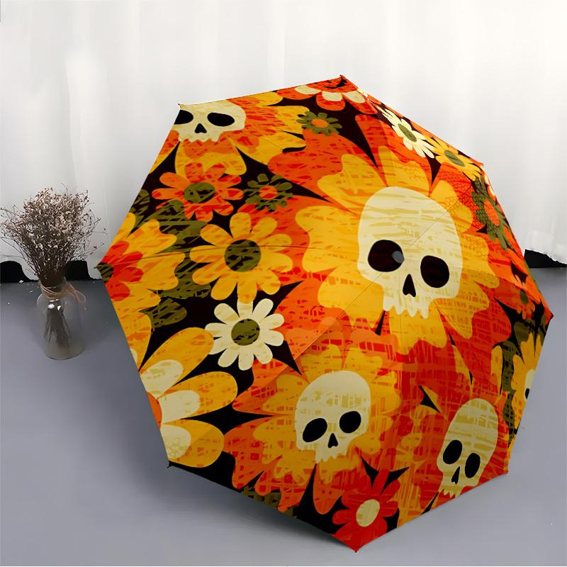1pc Skull Flowers Automatic Open/Close Umbrella, Portable Folding Umbrella for Travel, Themed Events,