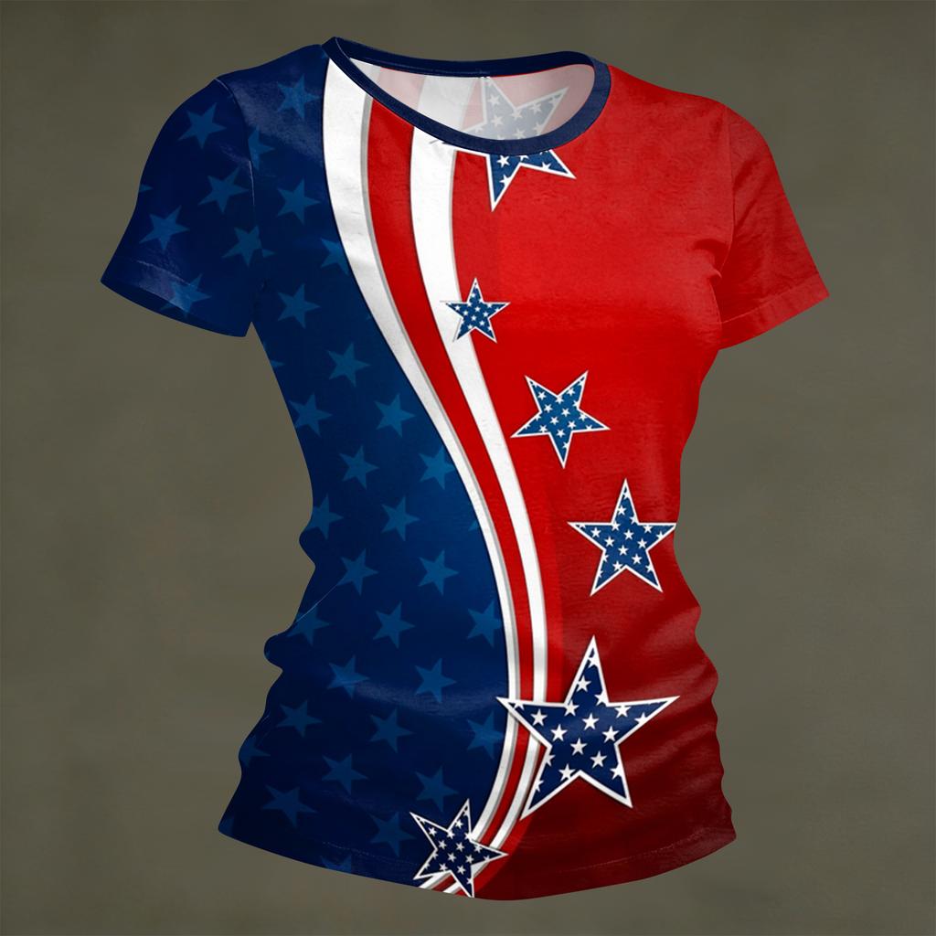 Damenmode Rundhals Unabhängigkeitstag Druck Kurzarm Locker Rundhals T-Shirt Top