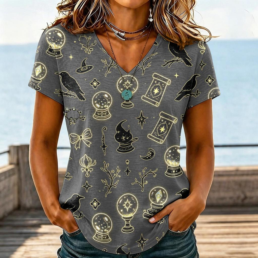 Women's Casual V-Neck Halloween Printed T-Shirt for Holiday Party and Everyday Wear