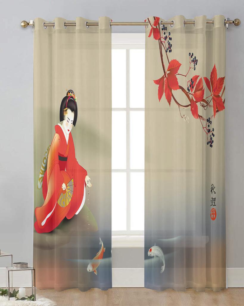 Japanese Geisha Carp Maple Leaf Sheer Curtains for Living Room Decoration Window Curtains Kitchen Tulle Voile Organza Curtains