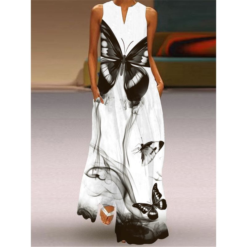 New Chinese Style Printed V-neck Multi-Color Sexy Sleeveless Dress