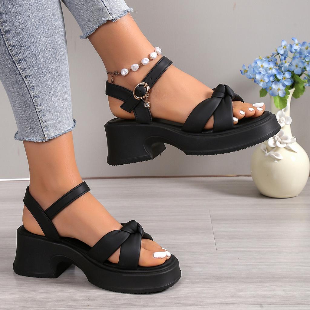 Fashion Women Sandals 2025New Buckle Summer Ladies Shoes Solid Pleated Open Toe High Heels Water Proof Sandals Women Sandalias De Mujer