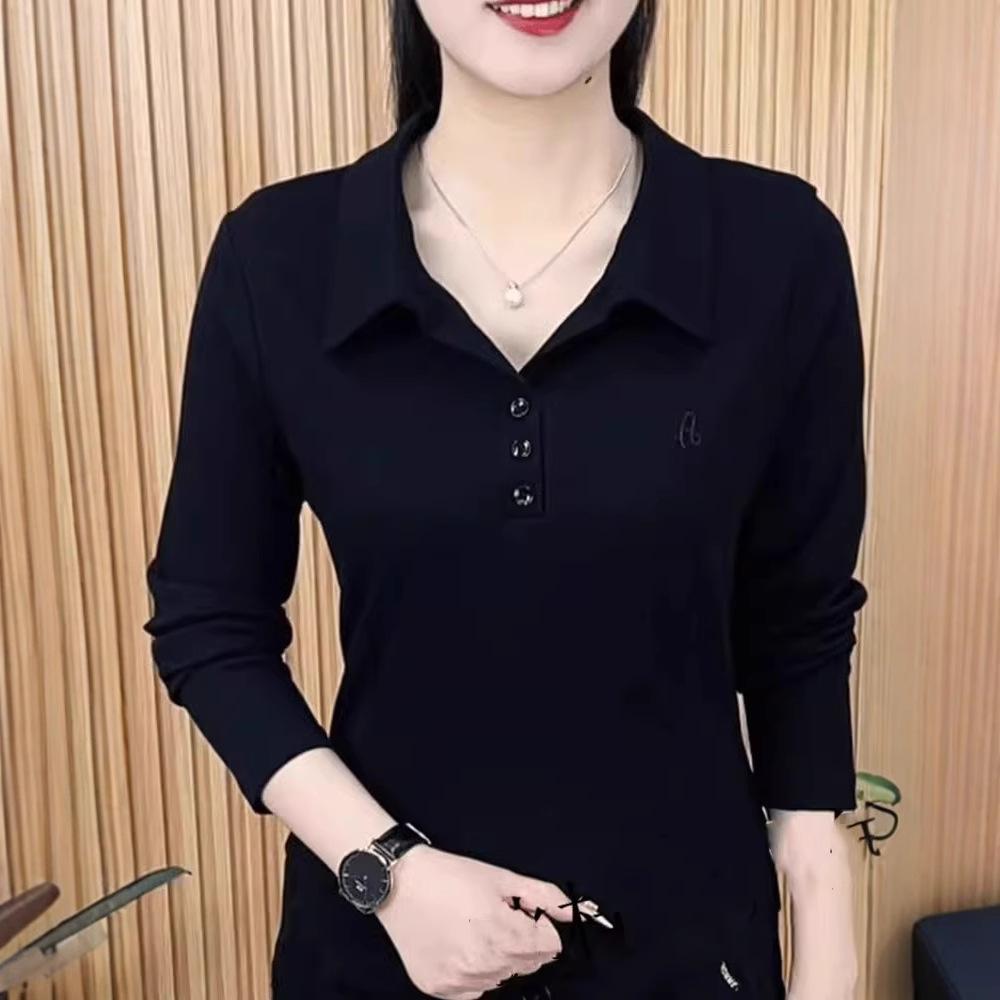 

Новая мода весна/осень 2025 однотонная футболка с лацканами и длинными рукавами, женский вышитый приталенный базовый топ 5XL чёрный