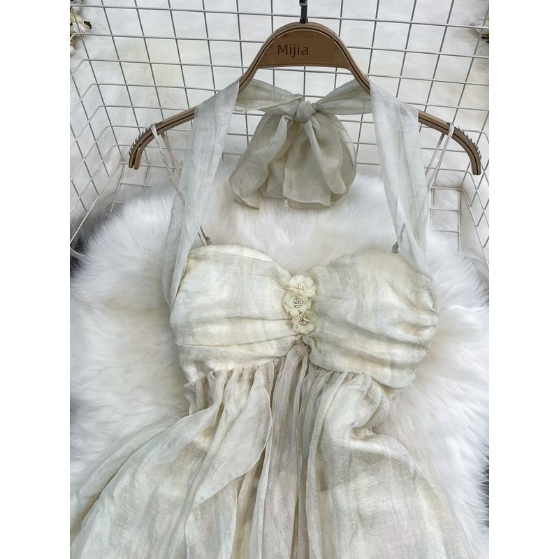 Chic Open Back A- line Fairy Dress Seaside Vacation Halterneck