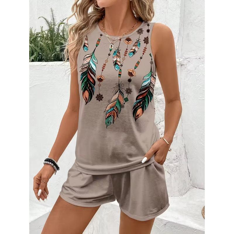 Women Zebra Print Sleeveless Top And Drawstring Shorts Two Piece Set