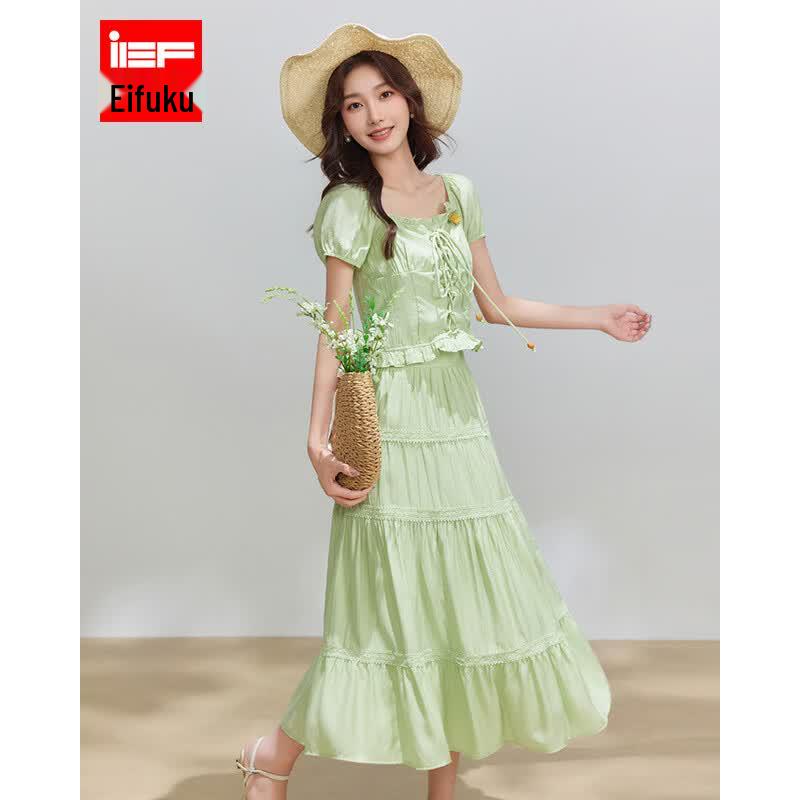 IEF French Style Puff Sleeve Ruffle Cake Skirt Set XL
