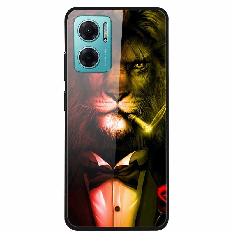 Case For Xiaomi Redmi Note 11E Luxury Tempered Glass Hard Back Cover For Redmi Note 11E Capa Shockproof Flower Funda Wolf Coque