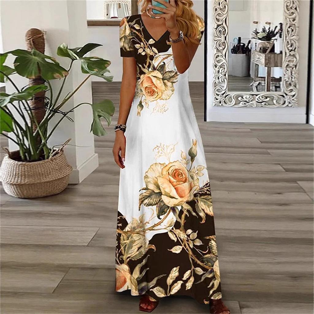 Women's Floral Print V-Neck Short Sleeve Maxi Dress Casual Summer Dress with Rose Pattern In Multi Colors