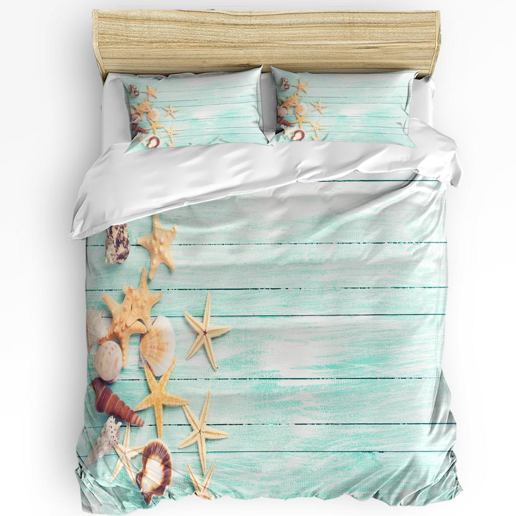 Beach Sea Starfish Shells Green 3pcs Bedding Set For Bedroom Double Bed Home Textile Duvet Cover Quilt Cover Pillowcase