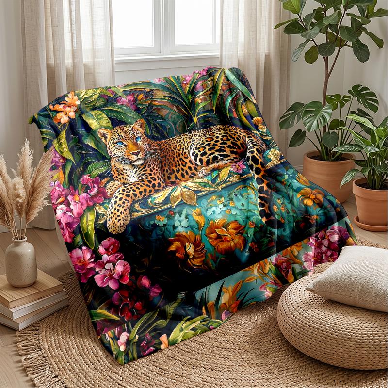 Leopard and Blue Roses Theme blanket Lightweight Warm Flannel Blanket Decorative Throw Blanket for Home Decoration