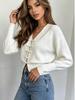 White V-Neck Button Cardigan - Women's Long Sleeve Knit Sweater, Loose Fit