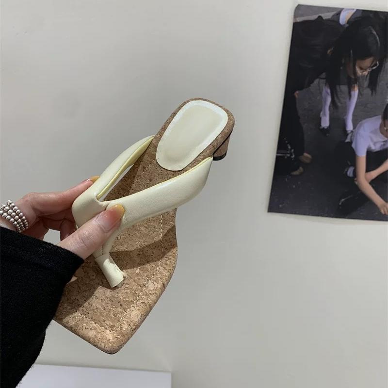 High Heels Women Slippers Square Toe Clip Toe Sandals Summer Shoes 2025 New Chunky Dress Pumps Casual Flip Flops Woman Slides