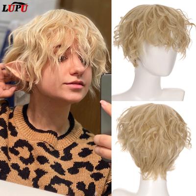 Synthetic Short Hair Men's Curly Wig With Bangs Cosplay Boys Wigs For Daily Party Black Pink Anime High Temperature Hair