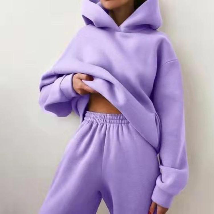 Elegant Women Two Piece Sets Warm Hoodie Sweatshirt And Long Pant Fashion Solid Suits For Ladies