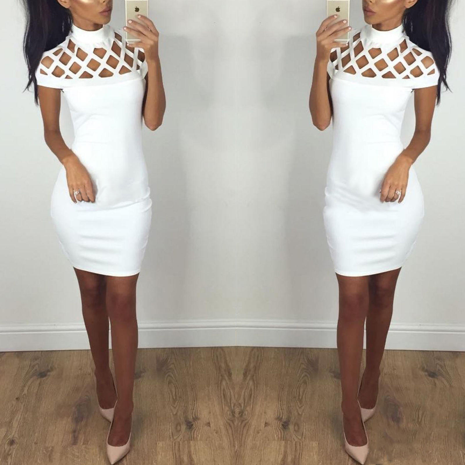 

European and American women s clothing, autumn new short-sleeved hollow slim-fitting hip-wrapped dress is fashionable S белый