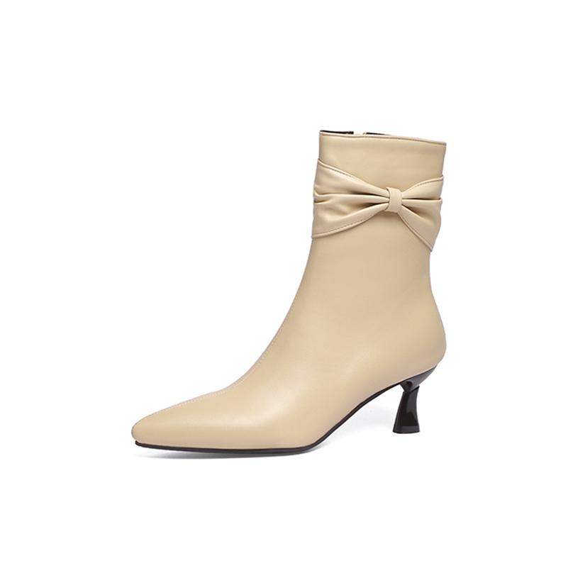 FOREADA Women Ankle Boots Pointed Toe Thin High Heels Pleated Zipper Short Boots Ladies Fashion Shoes Autumn Winter Almond 46