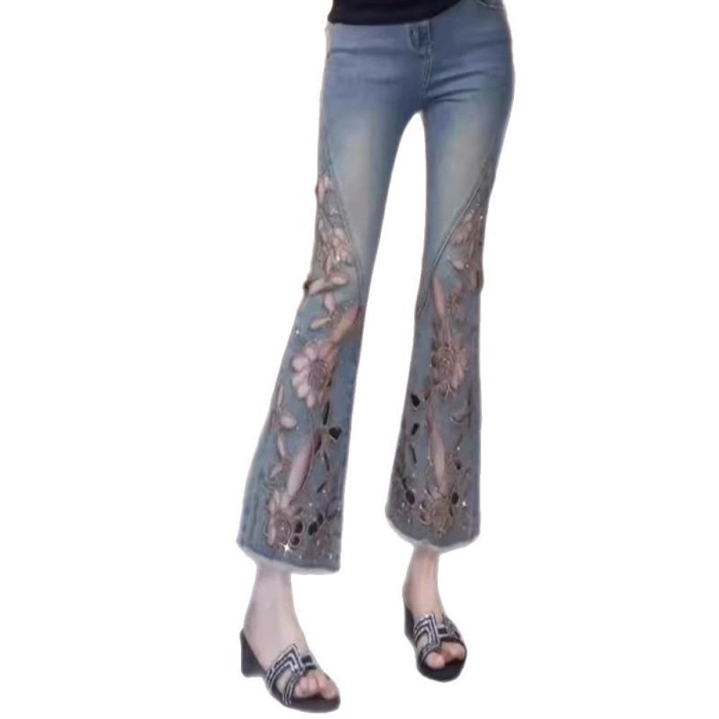 2026 Womens High-Waist Cropped Flare Jeans With Embroidery Cutouts Rhinestone Detail