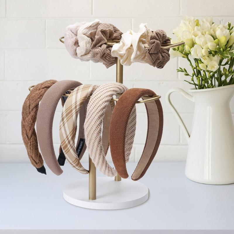 Contemporary Headband Display Stand Wooden Base Scrunchie Holder Space Saving Hair Accessories Organiser for Bedroom