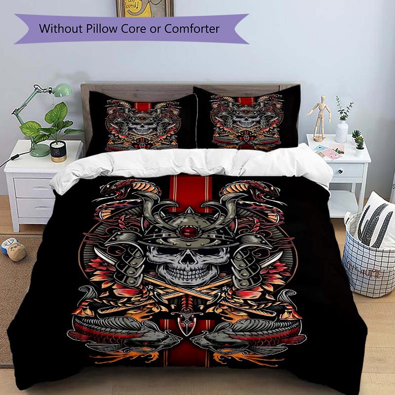 

3pcs Anime Samurai Skull Decorative Bedding Set - Includes One Quilt Cover and Two Pillowcases (No Core) - Perfect for Bedroom and Guest Room Decorati 135x200cm