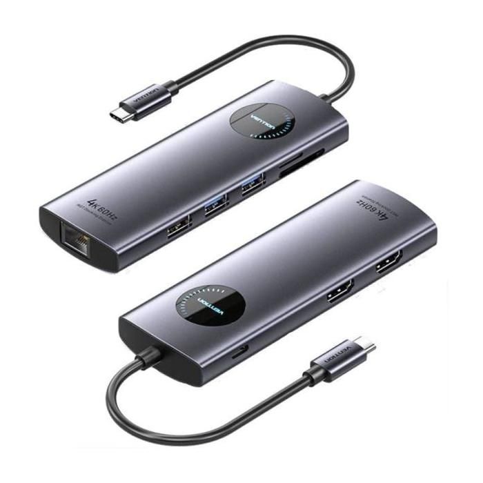 Docking USB Tipo-C Vention TQVHB- 2xHDMI- 3xUSB- 1xRJ45- 1xLector de Tarjetas- 1xUSB Tipo-C PD- Gris