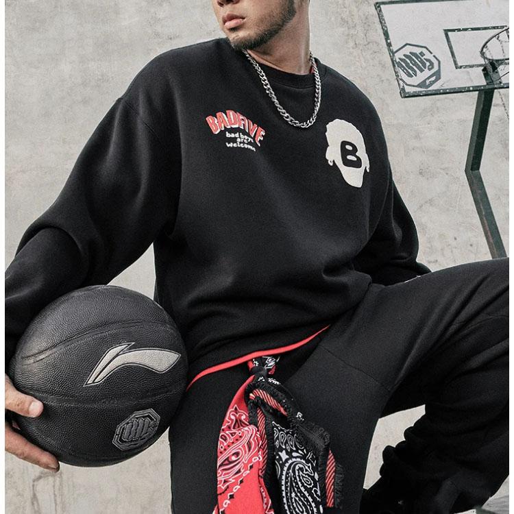 Sweat-shirt unisexe Li Ning Badfive à imprimé lettres 3D, coupe ample, en polaire, noir, AWDT873-5