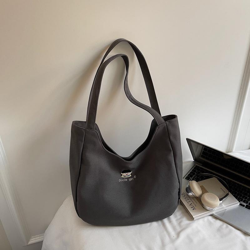 Simple minimalist style large capacity underarm canvas bag 2025 autumn new solid color tote bag embroidered shoulder bag