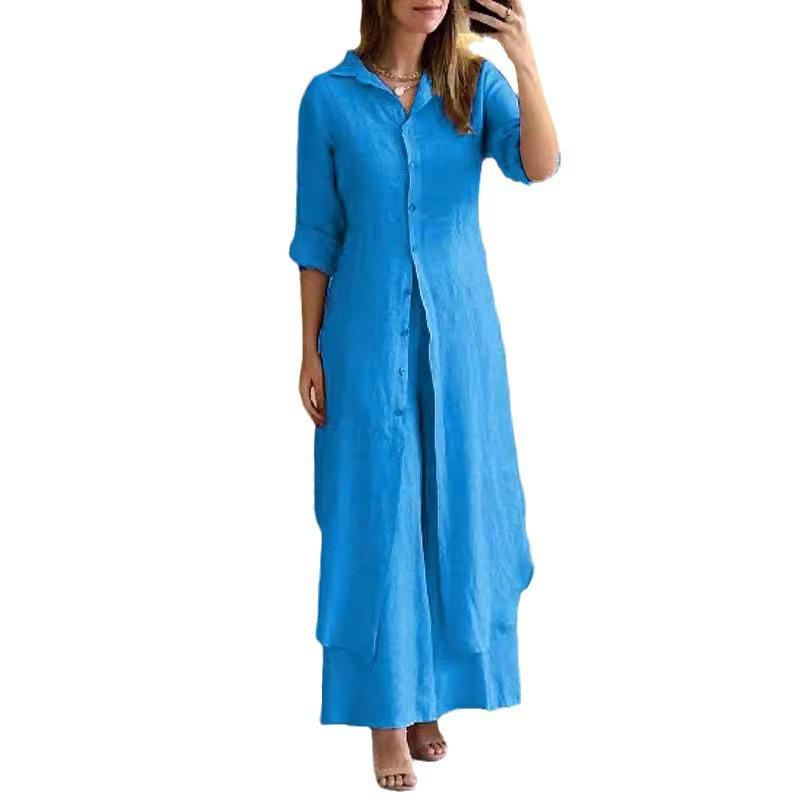 Cross-border Europe and the United States 2025 spring and summer new _ casual linen suit _ women's elegant long-sleeved wide-leg pants two-piece set 