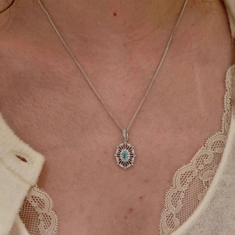 

Original design silver 925 Blue gemstone oval pendant diamond inlay light luxury hollow out necklace collar chain party jewelry 45cm синий