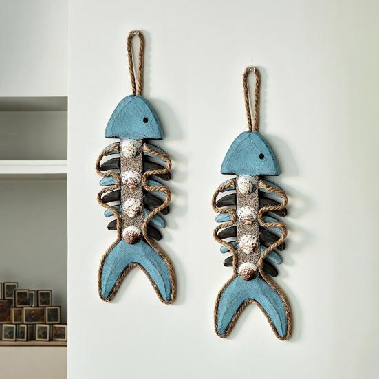Fish Bone Wall Decoration with Hemp Rope Lanyard Easy To Hang Wall Art Wood Retro Style Pendant for Living Room