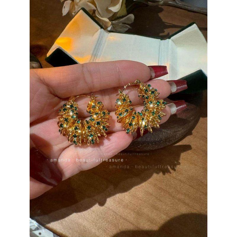 Fancy Exquisite Heavy Industry Green Rhinestone Big Hoop Earrings Gold Ear Ring High-Profile Earrings Fashion Hong Kong Style Earrings