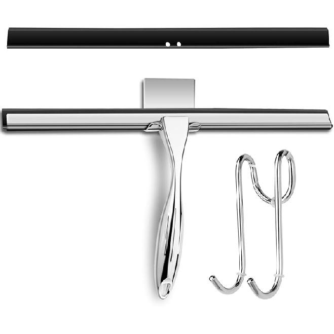 14 Inch Shower Squeegee Stainless Steel with Shower Door Hook and Adhesive Hook Glass Squeegee Bathroom for Doors, Bathroom, Windows, Kitchen, Mirror